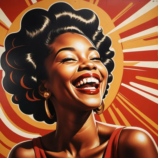 Prompt: mural of black woman laughing in retro atomic art style with red and gold
