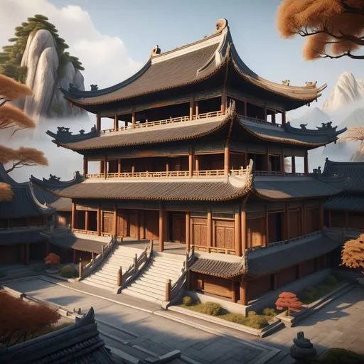 Prompt: Ancient Chinese building structure, elegant and intricate architectural details, layered roofs with upturned eaves, surrounded by serene natural scenery, soft mist rolling over distant mountains, warm sunlight illuminating ornate wood carvings, a tranquil and historical atmosphere, enhanced textures for a realistic feel, ultra-detailed, 4K resolution, showcasing the beauty of traditional craftsmanship.structure like game model
