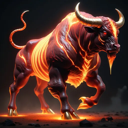 Prompt: A majestic, muscular bull-like creature with deep red, molten-lava-like fur that glistens in the light. It has a single, long, spiraling horn that resembles the void, with streaks of glowing light swirling up its length. Its eyes glow a soft gold, and its hooves leave faintly glowing footprints. The creature stands in a dark, stormy cave filled with glowing crystals, with lightning illuminating the background. The atmosphere is mystical and intense, with a faint beam of light emanating from its horn, casting an ethereal glow. The scene captures its neutral yet powerful demeanor, with a hint of divine energy radiating from its body.