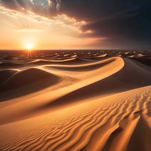 Prompt: A desert of dunes with a sunset. In the sky, far away, a few flat clouds, one of which intercepts the sun's rays. The heat creates mirages in the distance.