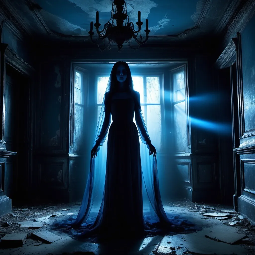 Prompt: /imagine silhouette fantomatique flottant dans un manoir abandonné, translucide, lumineux, lumière bleue étrange, atmosphère effrayante, photoréaliste