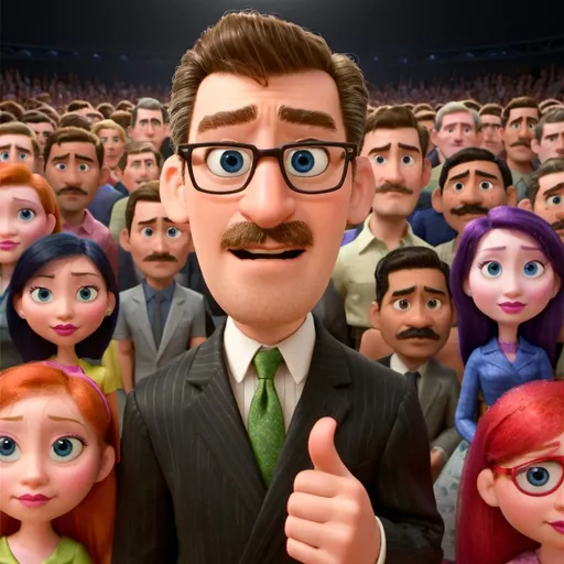Prompt: A news-anchor that has a moustache, people find him trustworthy, always delivers the truth, blends in with the crowd but also stands out 