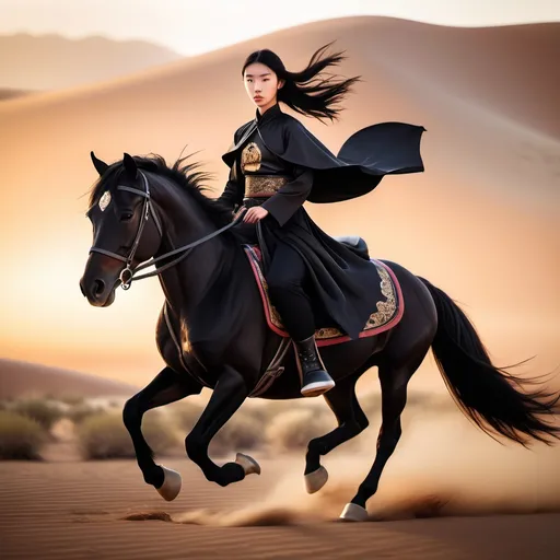 Prompt: A teen girl is riding a black horse. she dressed in ancient Chinese kungfu clothes, black cape, black top and black trousers, high black leather shoes. the background is Australia desert in sunset. the hose is galloping very fast. She is half Chinese and half European.  Making her more European look, with larger eyes and angle facial feature, also making the background flatter desert.