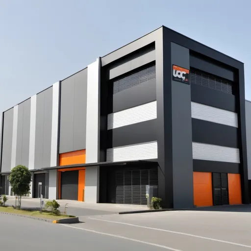 Prompt: Modern 2-storey warehouse in orange grey and black with a sign “UCC-KG”