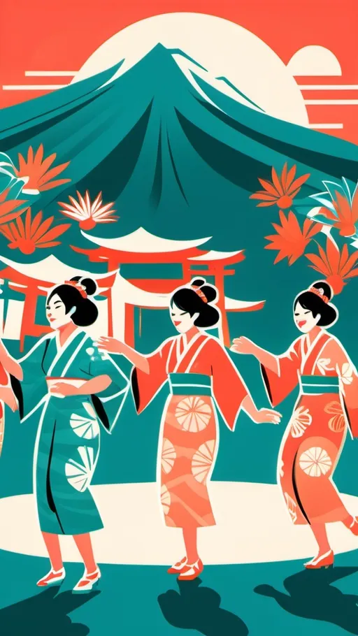 Prompt: Mid Century Modern Graphic Style, vibrant depiction of a traditional Japanese Bon Dance in a joyful circle, lush Hawaiian landscape background, bold colors of teal and coral, stylish geometric patterns, warm sunlight illuminating faces, cheerful atmosphere, dynamic movement captured, smooth lines and forms, ultra-detailed, high-quality illustration, showcasing the essence of Hawaiian culture and festive celebration.