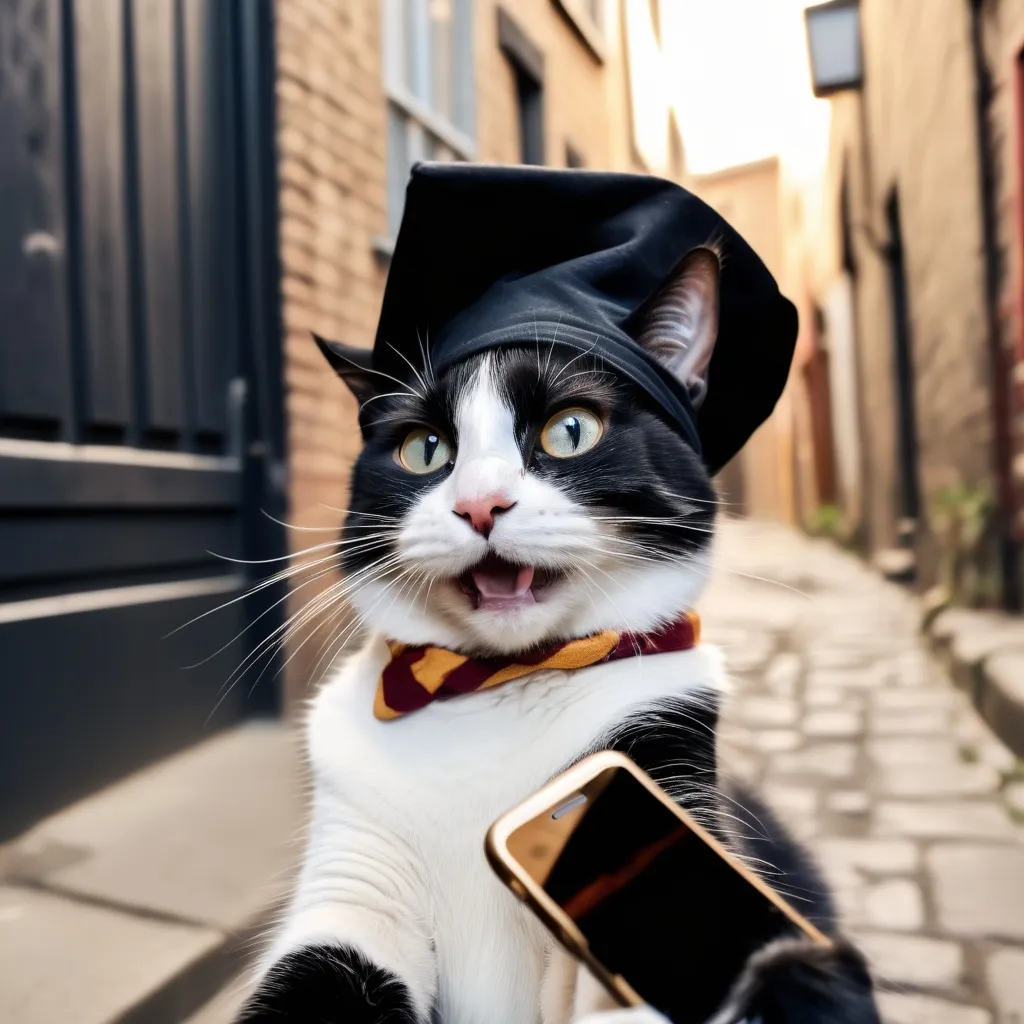Prompt: black and white dotted male cat, harry potter styled alley, taking selfie of himself, hat on, smiling