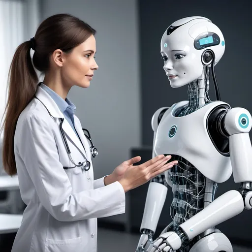 Prompt: Please generate a picture for the following "Human-Machine Collaboration

    Description: A healthcare professional interacting with an AI-powered virtual assistant or chatbot, symbolizing the partnership between humans and machines in delivering care.

    Why It Works: It emphasizes the collaborative nature of AI in healthcare, rather than replacing human roles."
