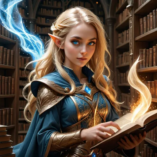 Prompt: high elf wizard, female character, blonde hair flowing beautifully, striking blue eyes full of wisdom, holding an ancient spell book open, radiant light emanating from the magical pages, surrounded by towering bookshelves filled with mystical tomes, warm ambient lighting creating an enchanting atmosphere, ultra-detailed, high-quality, magical elegance, serene and wise vibe, cinematic masterpiece setting.