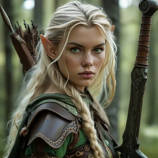 Prompt: A pretty she-elf warrior with wavy blonde  hair and green eyes 