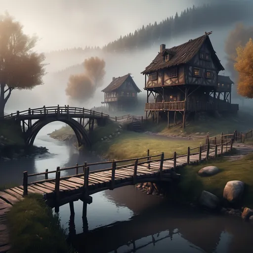 Prompt: small settlement, foggy, bridge and river, dramatic fantasy settlement scene, cinematic lighting