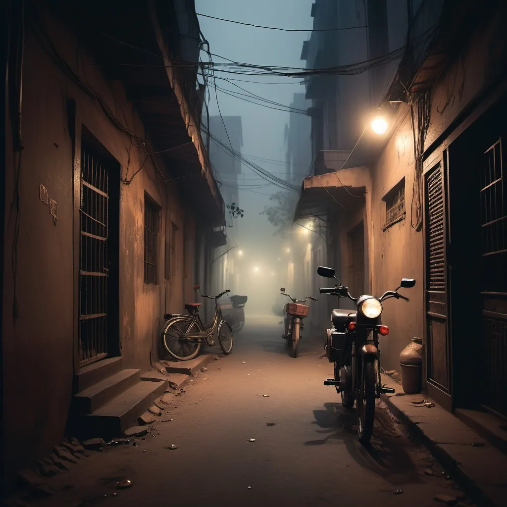 Prompt: "दिल्ली की एक पुरानी गली, सर्दी की रात, सड़कें सुनसान और धुंध से ढकी हुईं। पुराने मकानों की खिड़कियाँ बंद, स्ट्रीटलाइट्स टिमटिमा रही हैं। बाइक का हेडलाइट अंधेरे को चीरता हुआ। पृष्ठभूमि में कुत्तों के भौंकने की आवाज़ का एहसास। स्टाइल: सिनेमैटिक, डार्क टोन्स, हॉरर वाइब्स।"