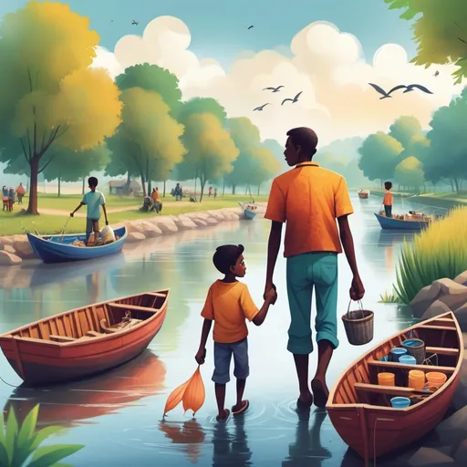 Prompt: create a vibrant illustration of a boy -Timi and his father walking by the river with fishermen in boats. 