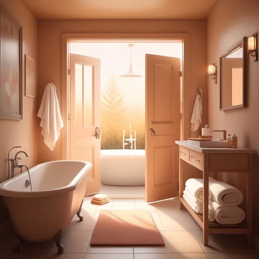 Prompt: Warm bathroom, soft inviting colors, soothing atmosphere, subtle ambient lighting, cozy decor, a closed door slightly ajar with warm light spilling out, hints of steam curling in the air, soft towels arranged neatly, a tranquil and serene vibe, digital illustration, playful yet elegant design, high-quality illustration, vibrant yet gentle color palette, whimsical style that complements the message.