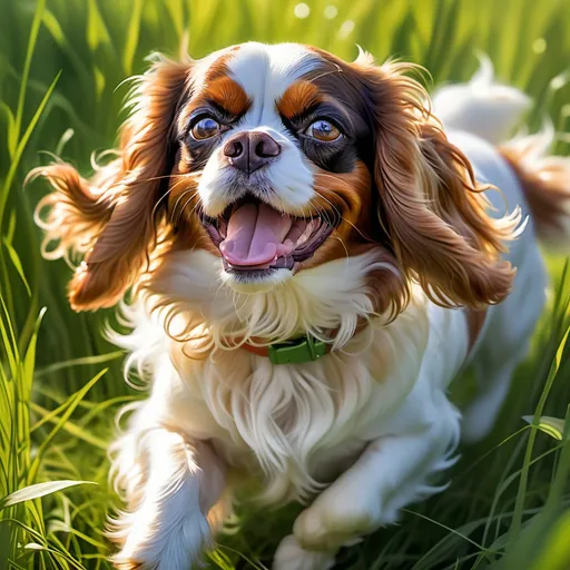 Prompt: Molly, a fluffy King Charles Cavalier Spaniel, basking in the warm sunlight on a sunny day, lush green tall grass swaying around her, vibrant colors illuminating the scene, her soft brown and white fur glistening, floppy ears bouncing playfully as she runs, a joyful and carefree atmosphere, stunning detail, ultra-detailed 4K, the essence of happiness in the air.