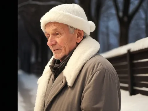 Prompt: Крупным планом, мужчина идёт навстречу, Не спеша, наслаждаясь тишиной и спокойствием, по аллеи идёт задумчивый мужчина. Хрусткий снег под ногами создаёт симфонию мелодичных звуков, а воздух наполняется свежестью зимнего вечера. На деревьях лежит снег искрящиеся в лучах убывающего света, словно драгоценные камни.
пожилой мужчина одет
в тёплую шапку, от пронизывающего холода, и продолжает двигаться вдоль дорожки, лежит пушистый снег. Каждое движение ощутимо приносит ему радость — это время для размышлений и отдыха от повседневной суеты.

