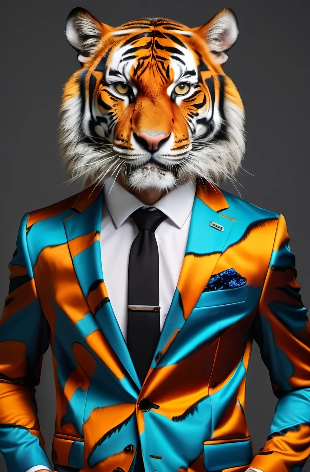 Prompt: animal tiger antropomorpho elegant suit multicolored