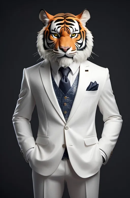 Prompt: animal tiger antropomorpho elegant suit white