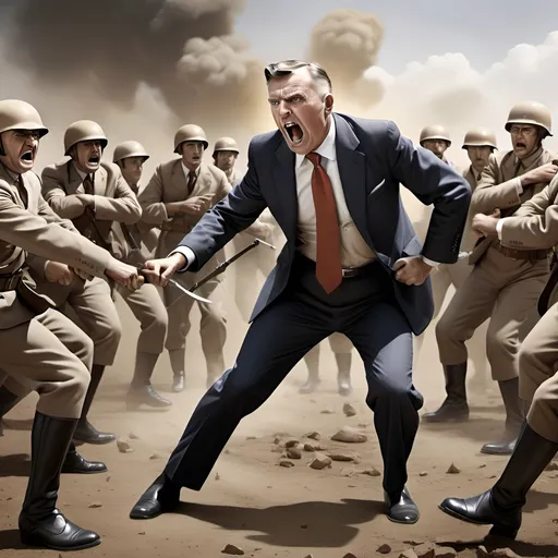 Prompt: The leaders of war time - Give me picture of corporate leader fighting tough time in his company 
