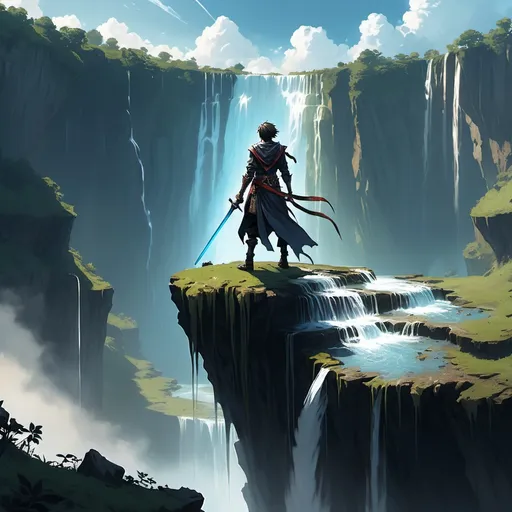 Prompt: a man standing on top of a cliff next to a waterfall with a sword in his hand and a sky background, Cedric Seaut (Keos Masons), fantasy art, anime key visual, concept art