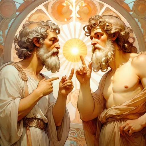 Prompt: socrates face to face with plato .Both in full body pose and with hand gestures .serene faces bright sunlight around them. 