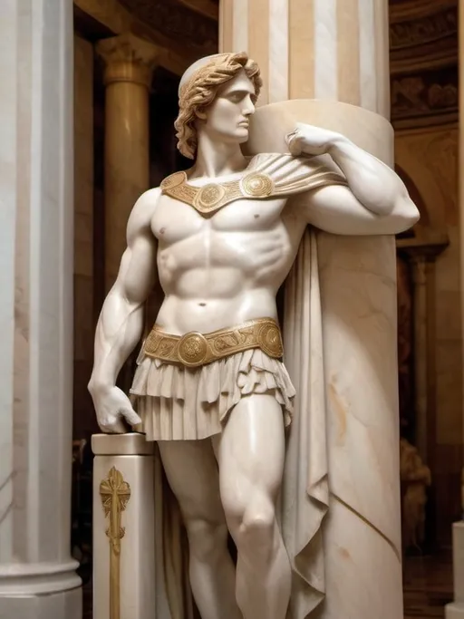 Prompt: marble sculpture, alexander the great , standing ,full body ,with armour 
 corinthian helmet holding an orthodox  cross ,with his right hand, serene face. ionian column on his right hellenistic 1st century BC , soft lighting