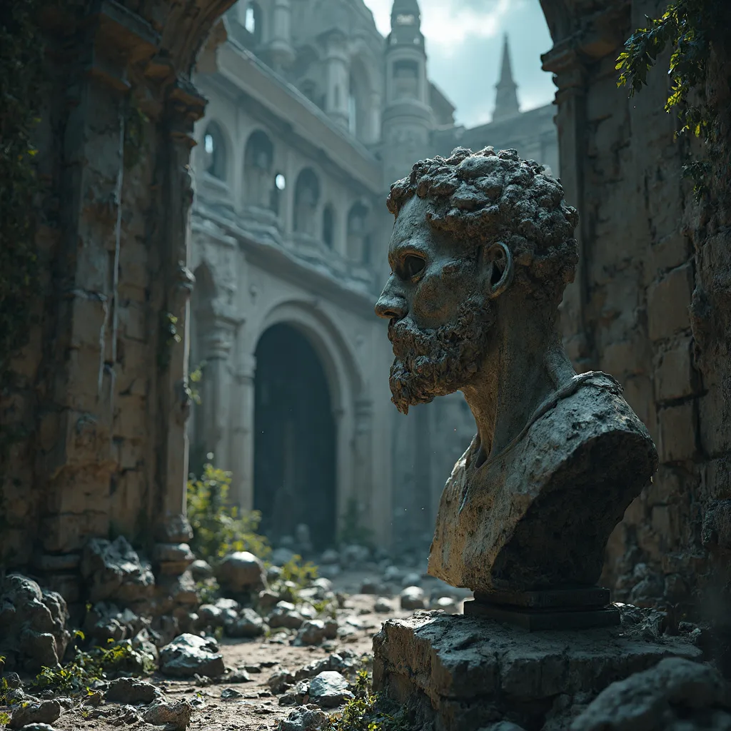 Prompt: Small broken marble bust of a king, ancient castle remnants, eerie moonlight casting, rusty armor fragments, large dim room, fallen rocks strewn about, thick cobwebs hanging, cracked stone foundations, nature reclaiming with vines, dark and foreboding atmosphere, photorealistic, ultra-detailed, 8K resolution, haunting ambiance, a portrayal of forgotten history enveloped in malevolence.