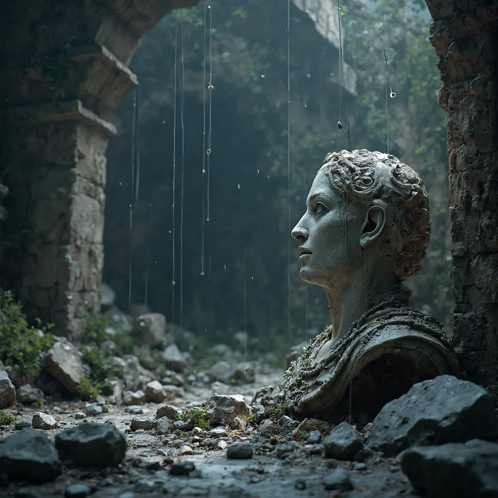 Prompt: Small broken marble bust of a king, ancient castle remnants, eerie moonlight casting, rusty armor fragments, large dim room, fallen rocks strewn about, thick cobwebs hanging, cracked stone foundations, nature reclaiming with vines, dark and foreboding atmosphere, photorealistic, ultra-detailed, 8K resolution, haunting ambiance, a portrayal of forgotten history enveloped in malevolence.
