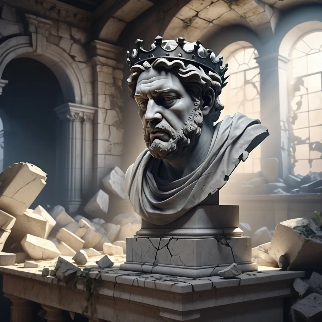 Prompt: A small Broken marble bust of a king in a large room of ancient remnants of a castle. Rays of moonlight shine down on the dimly lit scene with broken fallen rocks, cobwebs, and cracked foundations with vines growing from them. Photorealistic ultra detailed 8K textures