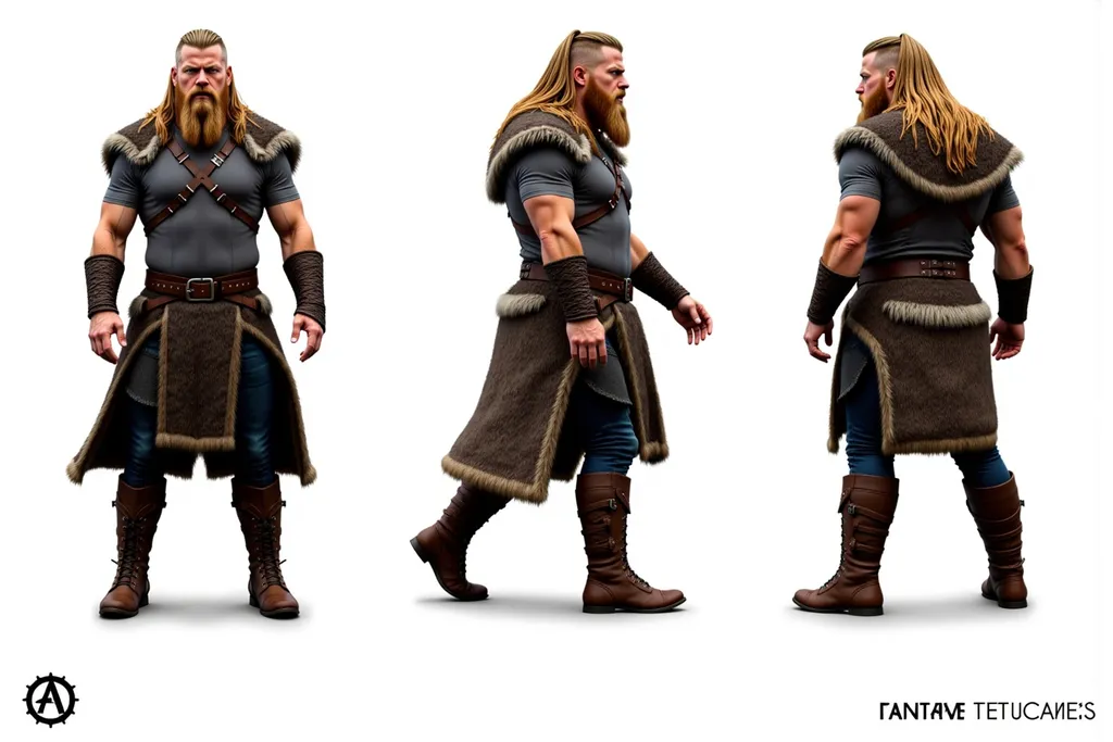 Prompt: A full-body character illustration of fantasy realism male warrior 0723a8d8 with long blonde hair, thick beard, muscular build, wearing a gray shirt and fur cloak displayed in three clear views on a clean white background, arranged in a three-column grid pattern with equal spacing and importance. Left panel: front view showing complete anatomical details and outfit. Center panel: perfect 90-degree side view (profile) clearly showing the character's side silhouette, facial profile, and outfit from a direct lateral perspective. Right panel: back view revealing posterior details Each view maintains consistent scale, lighting, and full-body presentation from head to toe. All three perspectives must be equally detailed and given equal prominence in the composition.