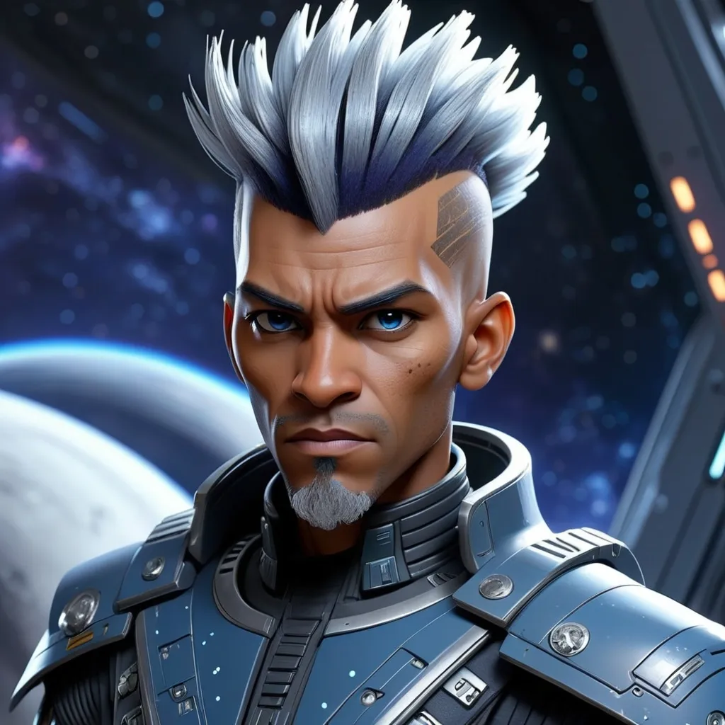 Prompt: Xerxes Steele - Galactic Exploration Fleet Guard, cold and calculating expression, intense gaze, striking mohawk hairstyle, futuristic cybernetic enhancements, armored space uniform, gripping a gleaming weapon, the backdrop of a vast starry galaxy, shimmering stars, deep blues and silvers, conveying a sense of power and tension, ultra-detailed, 4K quality, showcasing a blend of humanity and technology in an epic sci-fi setting.