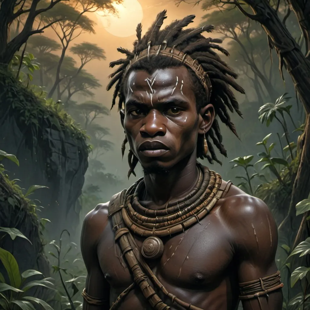 Prompt: The Aghati African tribe man (Teen), fragile figure of a young warrior in despair, surrounded by a haunting wilderness, twilight ambiance, deep shadowed tones. Enigmatic atmosphere, sense of hope intertwined with despair, captivating details, ultra-detailed, high-definition.
