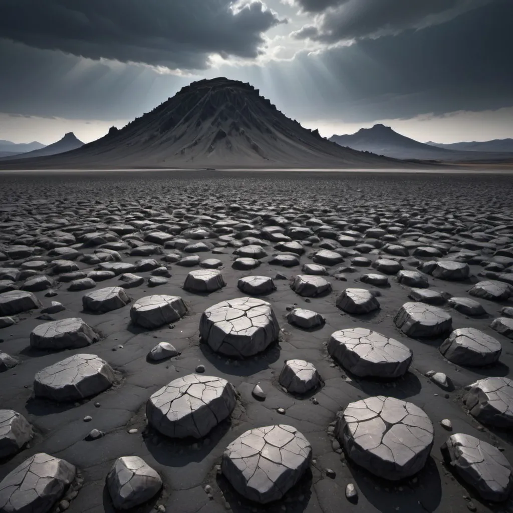 Prompt: A vast, desolate landscape unfolds under a brooding sky, dominated by shades of gray and black, where an imposing, jagged rock stands out prominently in the foreground. The ground is a rough, cracked terrain, marked by dark volcanic textures and scattered pebbles, hinting at a once-active geological environment now rendered barren. In the distance, low, misty mountains rise against the horizon, shrouded in clouds that cast a somber atmosphere over the scene. The muted lighting enhances the eerie mood, suggesting an otherworldly beauty that evokes both desolation and the raw power of nature. This stark wilderness invites contemplation, embodying a mesmerizing yet stark narrative of isolation and endurance.