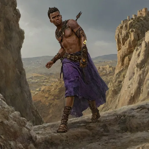 Prompt: A breathtaking, teen David an Ancient Hebrew boy clothing is made of natural, earth-toned fabrics—linen tunics, leather belts, and bronze or iron armor pieces like scale mail or chain shirts. Some wear cloaks or mantles draped over one shoulder. only weapon ia ancient sling, his faces show grit and resolve, ruddy weather-worn face. In the background, the hills of Judah and a glimpse of a Hebrew encampment or fortress can be seen. the young teens muscular physique and intense, determined facial expression, complete with piercing brown eyes and strong, angular features, are accentuated by the vibrant, electric blue and purple robe, casting a mesmerizing glow on his dark, melanated skin, with intricate, glowing circuitry patterns subtly integrated into the tribe's traditional clothing and architecture, blending ancient heritage with futuristic innovation, in an ultra-high resolution, digitally painted masterpiece.
