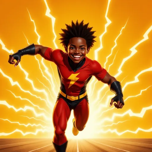 Prompt: A dynamic superhero figure bursts forward against a striking background of vibrant yellow and orange tones, evoking a sense of speed and energy. Clad in a sleek, form-fitting costume primarily in deep red and accented with black and yellow lightning motifs, the character's intense expression conveys determination and focus. With one arm extended and the other bent, he appears mid-stride, embodying the essence of motion, complemented by electric arcs radiating outward, suggesting his super-speed abilities. The illustration, rich in bold lines and dramatic contrasts, captures an exhilarating moment that conveys both action and the character's empowered presence.