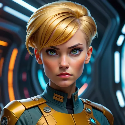 Prompt: Galactic Exploration Fleet Guard, Zara Vork, cunning and manipulative female officer, intense gaze, striking short gold hairstyle, futuristic sleek space uniform, high-tech elements, epic sci-fi setting, vibrant colors, ultra-detailed, 4K quality, meticulously crafted background, showcasing a blend of humanity and technology, captivating atmosphere, science fiction visual mastery.