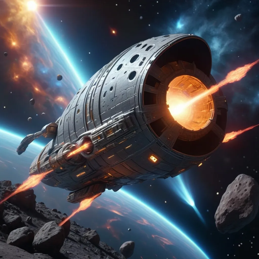Prompt: The Nimbus Star space ship set against a backdrop of a star-filled cosmos, glowing asteroids swirling, high detail, ultra-detailed, cinematic atmosphere, expansive wonder, tranquil yet awe-inspiring mood, 4K resolution, breathtaking view of deep space.