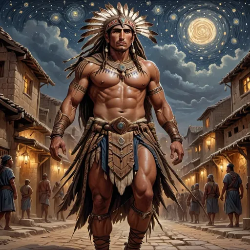 Prompt: A breathtaking, highly detailed illustration of an Ancient Judean warrior, adorned with traditional tribal markings and regalia, confidently strides through the village of his tribe, surrounded by towering, architecture , set against a deep, starry night sky, wherein the warrior's muscular physique and intense, determined facial expression, complete with piercing brown eyes and strong, angular features, are accentuated by the vibrant, electric blue and purple robe, casting a mesmerizing glow on his dark, melanated skin, with intricate, glowing circuitry patterns subtly integrated into the tribe's traditional clothing and architecture, blending ancient heritage with futuristic innovation, in an ultra-high resolution, digitally painted masterpiece.