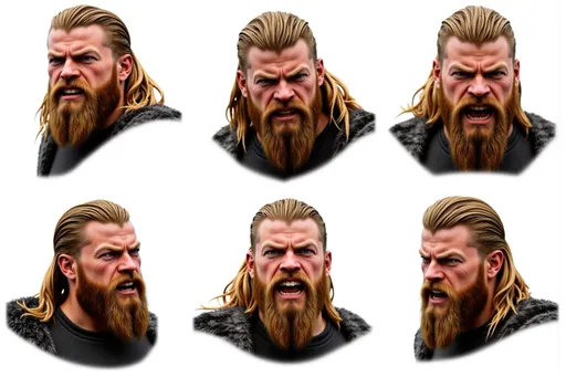 Prompt: fantasy realism male warrior 0723a8d8 with long blonde hair, thick beard, muscular build, wearing a gray shirt and fur cloak A composition featuring six different facial expressions of the character, from shoulders up, arranged in a grid pattern on a white background. The expressions include: Laughing: Wide smile, eyes crinkled, exuberant joy. Crying: Tears streaming, furrowed brows, open mouth. Angry: Furrowed brows, clenched teeth, intense gaze. Shy: Slight blush, eyes averted, small smile. Surprised: Raised eyebrows, wide eyes, open mouth. Scared: Wide eyes, open mouth, tense facial muscles. Character details remain consistent across all expressions with shoulders visible to frame the face. Each expression is clear and easily recognizable against the clean white background.