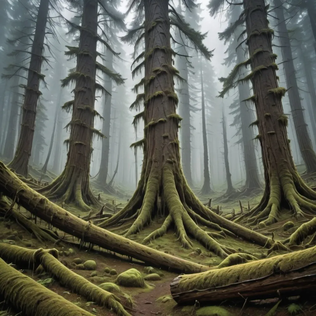 Prompt: A haunting mountain forest shrouded in thick, swirling fog. Towering pine trees loom like ancient sentinels, their trunks blackened with age and rot. Moss blankets every surface — rocks, fallen logs, and twisted roots — glowing faintly green in the dim, filtered light. The air is heavy with damp decay, and distant caws echo through the mist. . A narrow, muddy trail winds deeper into the gloom.majesty of a snow-laden wilderness.