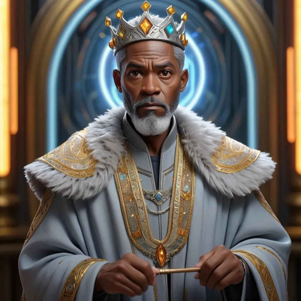 Prompt: In a striking scene that blends authority and mysticism, a dignified african american figure short grey hair no beard stands at the center, clad in ornate robes adorned with intricate golden patterns and rich colors. His stern expression and wise demeanor suggest a character of great importance, possibly a leader or sorcerer, accentuated by a fluffy silver crown of hair and a neatly groomed beard. He holds a staff that projects a glowing holographic image of a human figure, symbolizing knowledge or power, against the backdrop of a futuristic, technologically advanced interior with gleaming lines of light. The overall ambiance conveys a sense of gravitas and intrigue, inviting viewers to ponder the narrative behind this powerful character in a world where magic intertwines with technology.