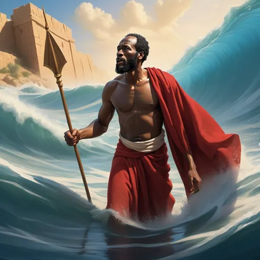 Prompt: Moses depicted as an African American male parting the Red Sea, leading the people of Israel through the parted waters. Large, towering walls of water on both sides with visible fish swimming inside. Cinematic, dramatic lighting, realistic style, ancient Middle Eastern setting, traditional clothing.