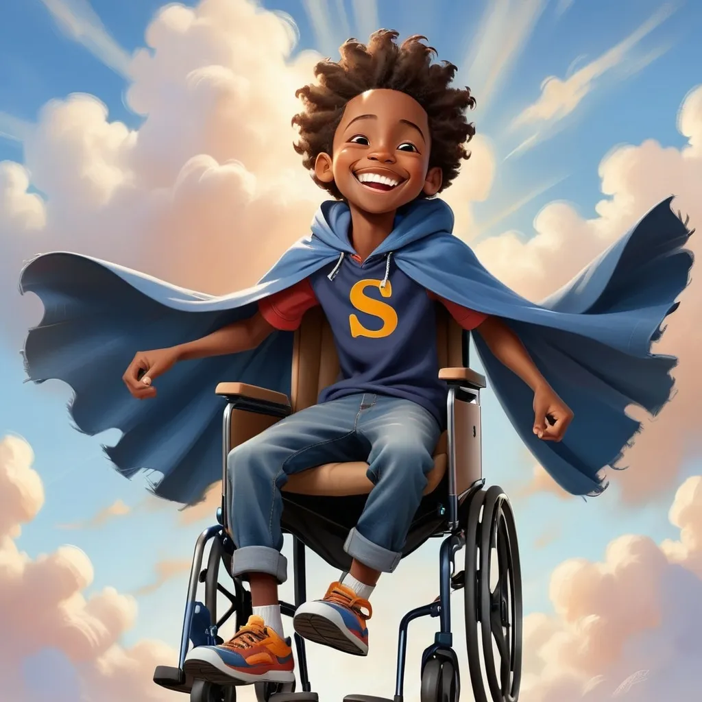 Prompt: A joyful African American boy in a wheelchair, radiating happiness with a wide, infectious smile, wearing a dark blue shirt featuring an "S" and a flowing blue cape, complemented by denim jeans. Set against a playful sky filled with fluffy clouds, conveying a whimsical atmosphere of freedom and imagination. Bright colors, warm tones, high detail, ultra-detailed, showcasing a spirited moment of joy and empowerment as if he is flying.
