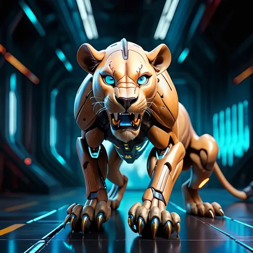 Prompt: Huge Black Cyber-lion crouching, dark energy, razor-sharp claws clicking on steel floor, dramatic lighting highlighting metallic textures, advanced technology aesthetics, glowing cybernetic features, dynamic motion suggesting powerful attack, sci-fi atmosphere, shadows enhancing tension, ultra-detailed, cinematic quality, industrial background with neon accents, vibrant colors capturing an intense moment.
