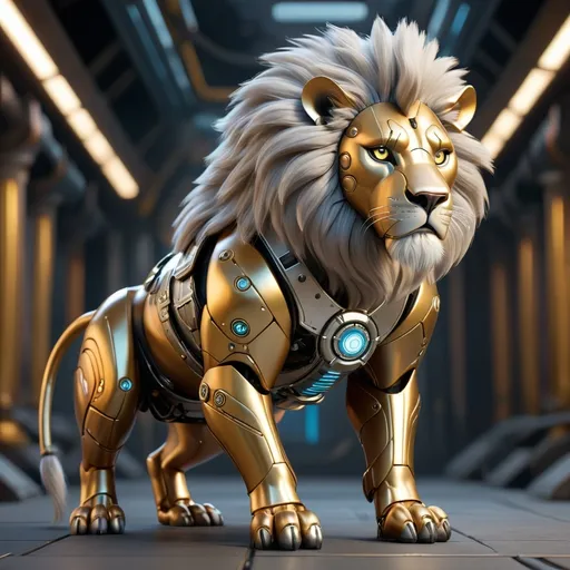 Prompt: cyber-lion on all fours, muscular frame showcasing a stunning blend of deep burnished gold fur and silver patches where cybernetic enhancements merge seamlessly, sleek metallic harness encircles the torso, lit with cool tones for a futuristic vibe, highly detailed features emphasizing raw strength, dynamic composition, intense and powerful ambiance, 4K ultra-detailed quality, cybernetic aesthetics evoking a sense of evolution and strength.