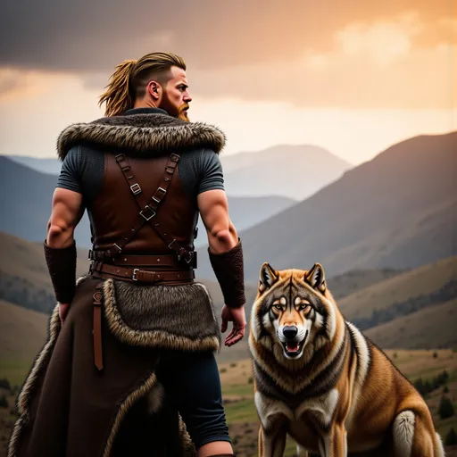 Prompt: A majestic @R81ivV84aOekHS0tUVZm standing tall back to view next to a large, powerful grey wolf, both gazing out over a breathtaking valley. 