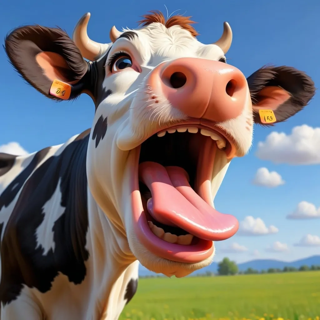 Prompt: upclose cartoon cow face with tongue out