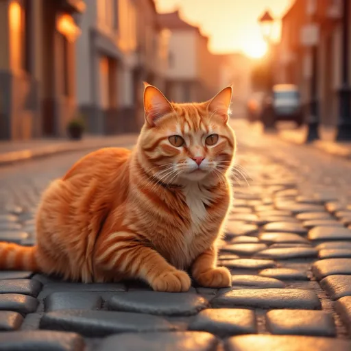 Prompt: orange cat on the street, sunset, vintage style, semi-realistic, vibrant colors, warm golden and deep orange hues, soft shadows, cinematic atmosphere, nostalgic vibe, urban setting with cobblestones, blurred street lights glowing, high detail, 4K, inviting and cozy scene, capturing the tranquil beauty of dusk.