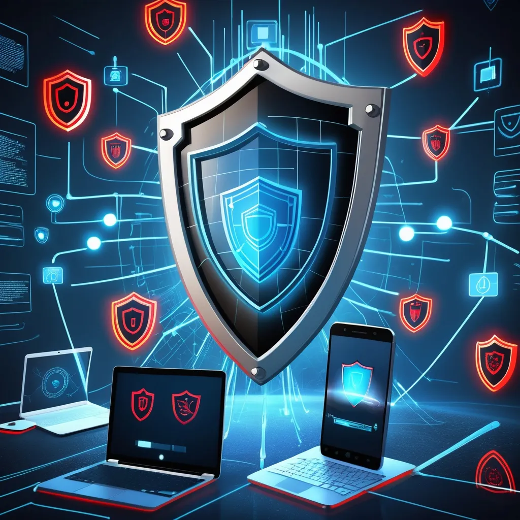Prompt: Concept:
A futuristic shield protecting various digital devices (laptop, smartphone, tablet) from incoming cyber threats like malware, phishing attacks, and unauthorized access attempts. The shield represents Microsoft Defender & Intune ASR, while the threats appear as glowing red lines bouncing off.

Key Elements:

A glowing digital shield at the center
Multiple devices (laptop, phone, tablet) behind the shield
Cyber threats (red warning icons, viruses, and hacking attempts) deflecting off
Modern tech-style background with a blue cybersecurity theme