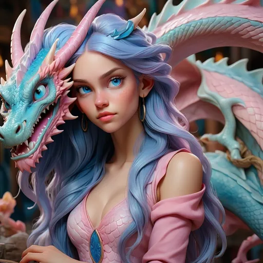 Prompt: A highly detailed fantasy illustration by Ciruelo Cabral, featuring a young woman with long, silky blue hair leaning gracefully against a pastel pink dragon. The dragon's skin is adorned with intertwined hues, and it has glossy blue eyes. The background is filled with vibrant, colorful particles, creating a magical atmosphere. Art in the style of Ciruelo Cabral, 8K resolution, highly detailed