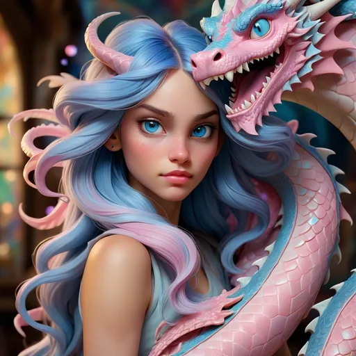 Prompt: A highly detailed fantasy illustration by Ciruelo Cabral, featuring a young woman with long, silky blue hair leaning gracefully against a pastel pink dragon. The dragon's skin is adorned with intertwined hues, and it has glossy blue eyes. The background is filled with vibrant, colorful particles, creating a magical atmosphere. Art in the style of Ciruelo Cabral, 8K resolution, highly detailed